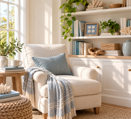 Sand Dollar Quartet displayed on built-in shelving in a bright coastal reading nook